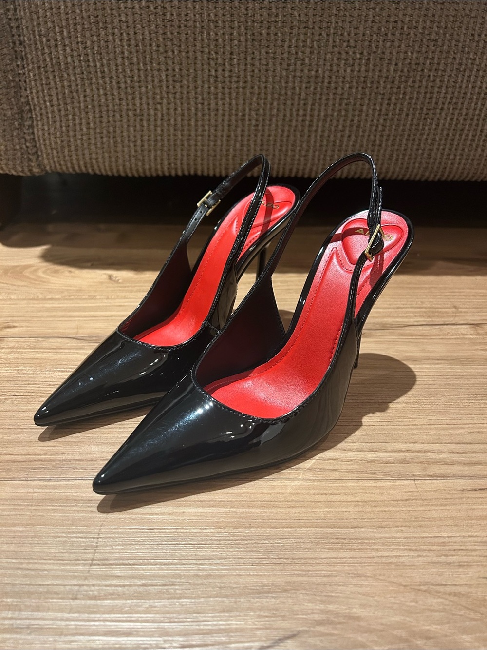 Aldo Black Patent Slingback Heels with Red Insole